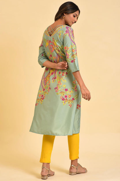 W for Woman Green Printed kurta With Decorative Side Metal Ring