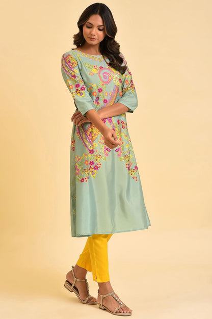 W for Woman Green Printed kurta With Decorative Side Metal Ring