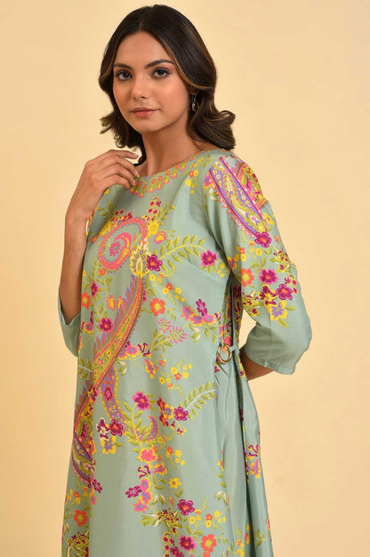 W for Woman Green Printed kurta With Decorative Side Metal Ring