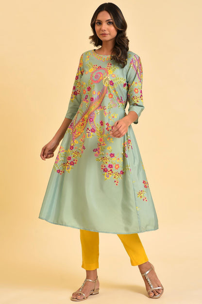 W for Woman Green Printed kurta With Decorative Side Metal Ring