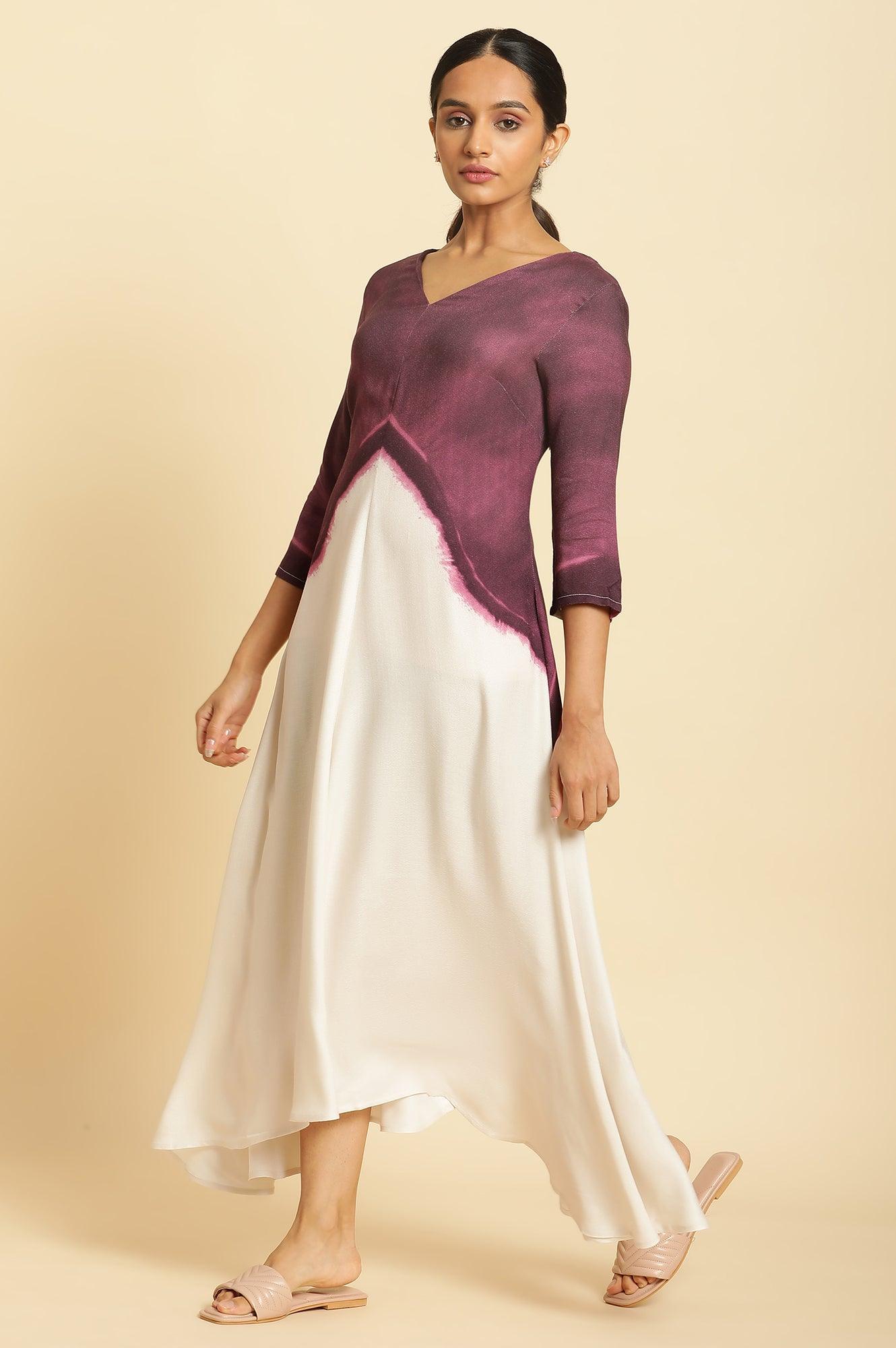 W for Woman Purple And White Placement Print Asymmetrical Dress