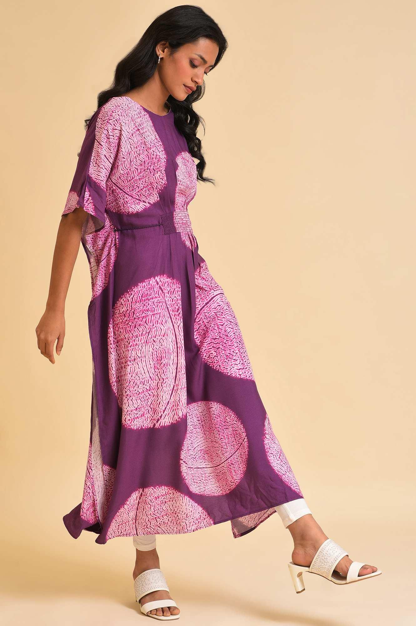 W for Woman Purple Bold Graphic Printed Kaftan With Back Tie Up