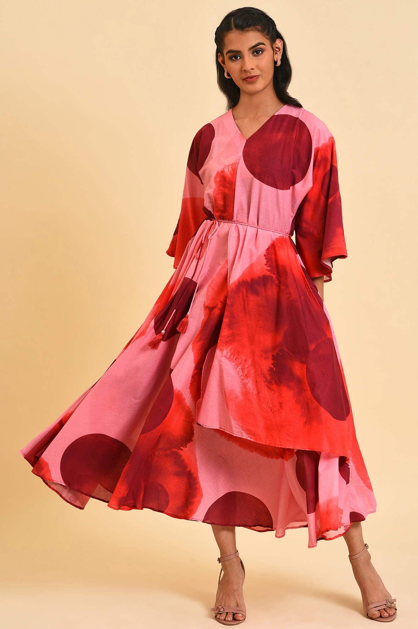W for Woman Red And Pink Polka Print Asymmetrical Dress