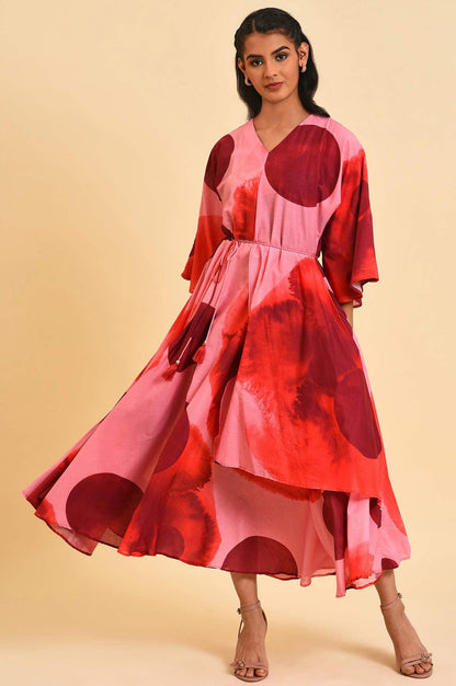 W for Woman Red And Pink Polka Print Asymmetrical Dress