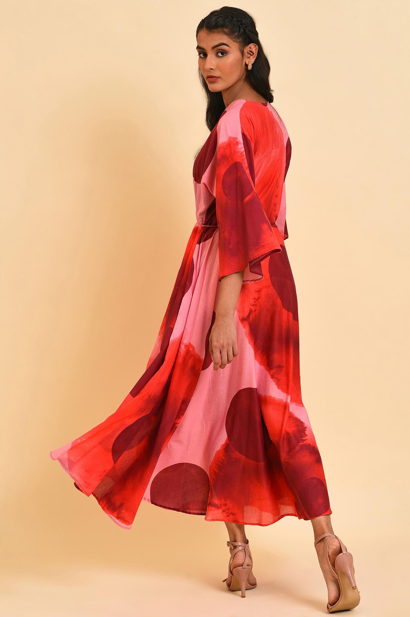 W for Woman Red And Pink Polka Print Asymmetrical Dress