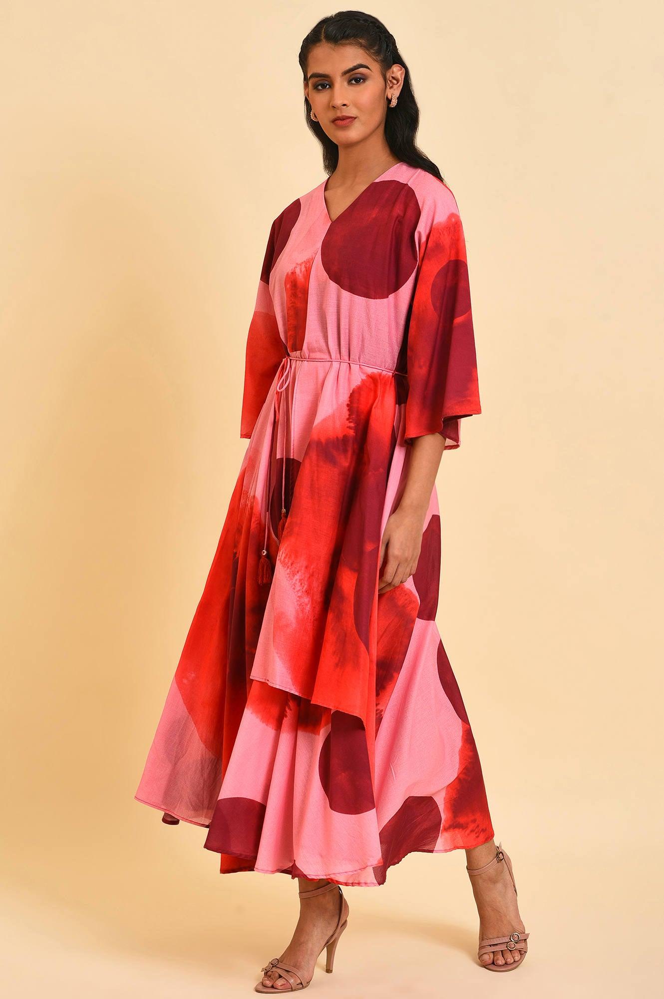 W for Woman Red And Pink Polka Print Asymmetrical Dress