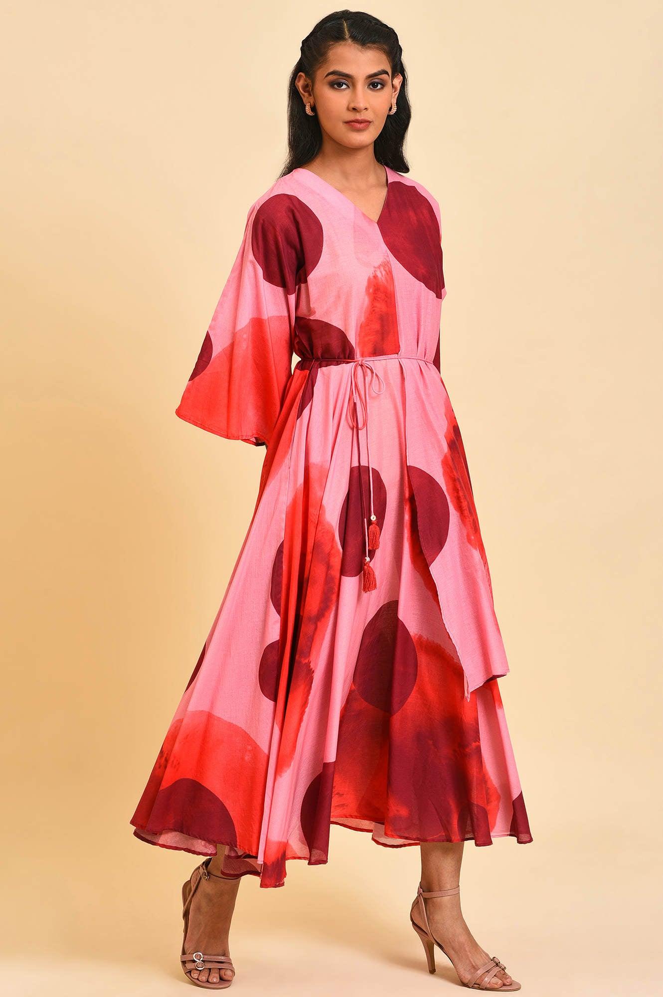 W for Woman Red And Pink Polka Print Asymmetrical Dress