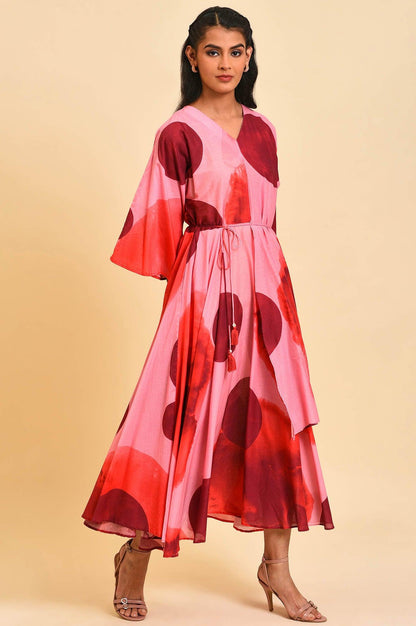 W for Woman Red And Pink Polka Print Asymmetrical Dress