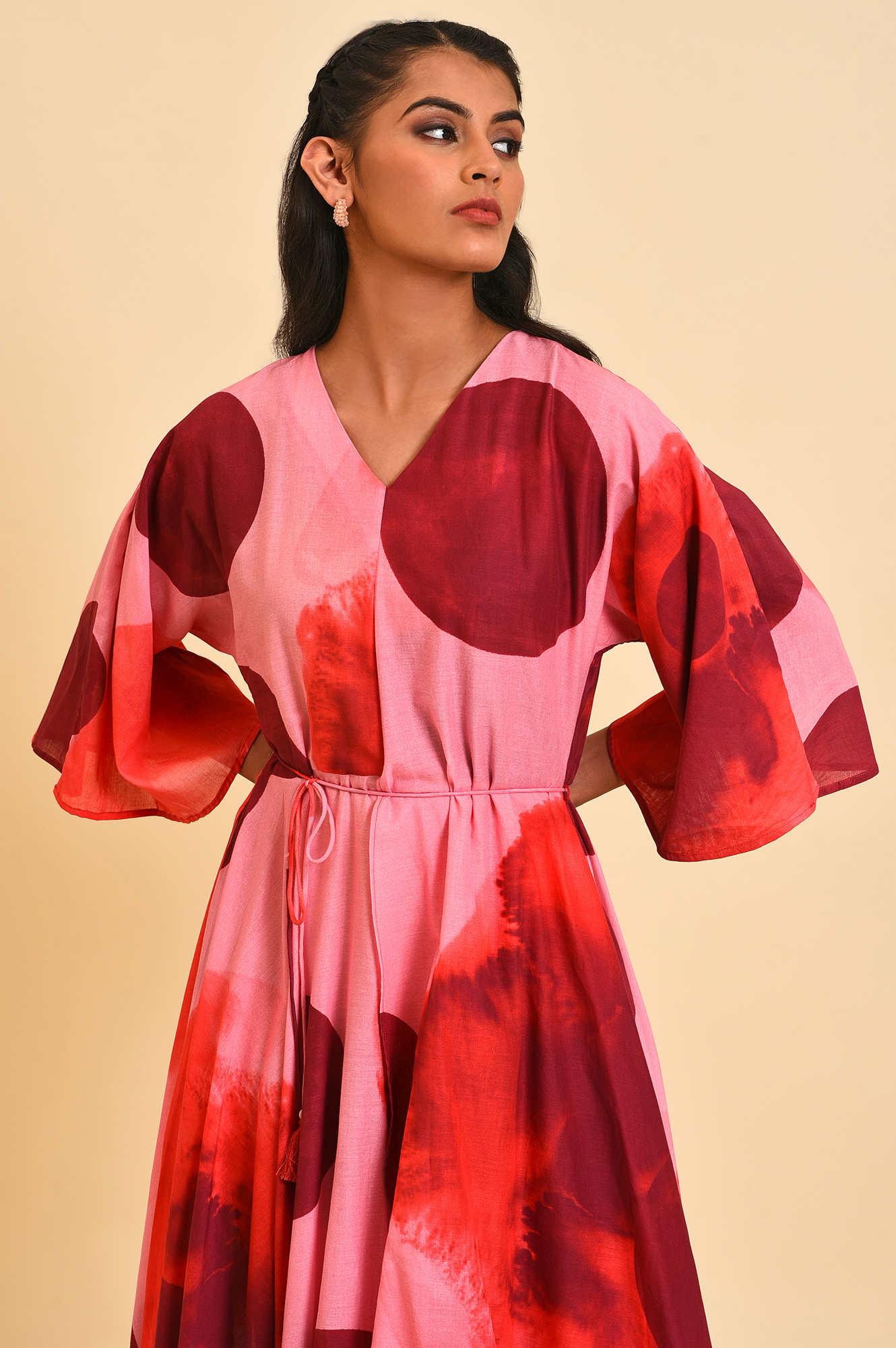 W for Woman Red And Pink Polka Print Asymmetrical Dress