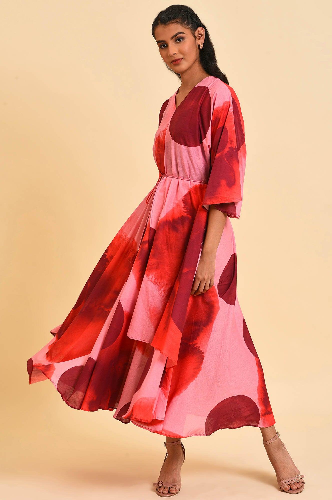 W for Woman Red And Pink Polka Print Asymmetrical Dress