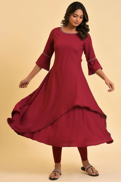 W for Woman Maroon Mock Layered kurta In Moss Buti