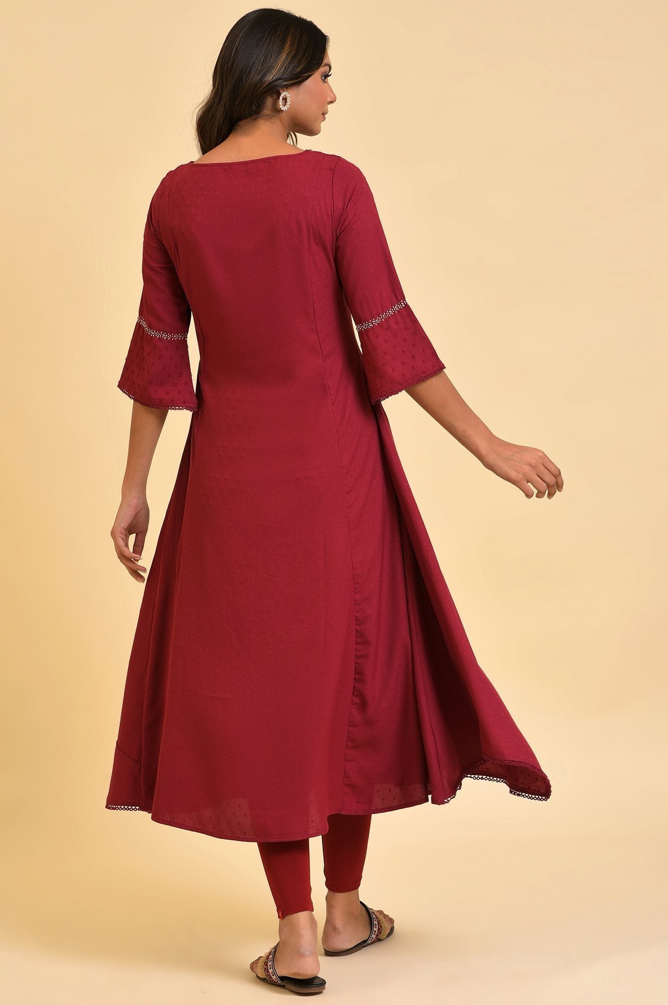 W for Woman Maroon Mock Layered kurta In Moss Buti
