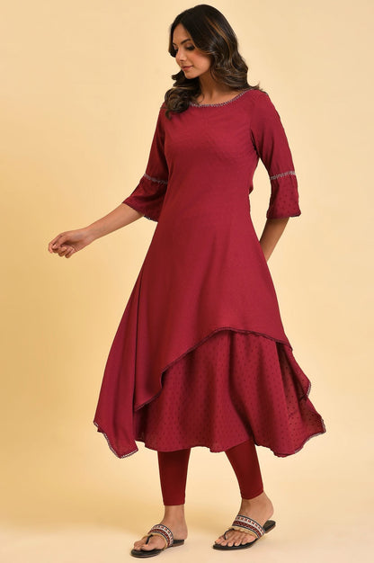 W for Woman Maroon Mock Layered kurta In Moss Buti