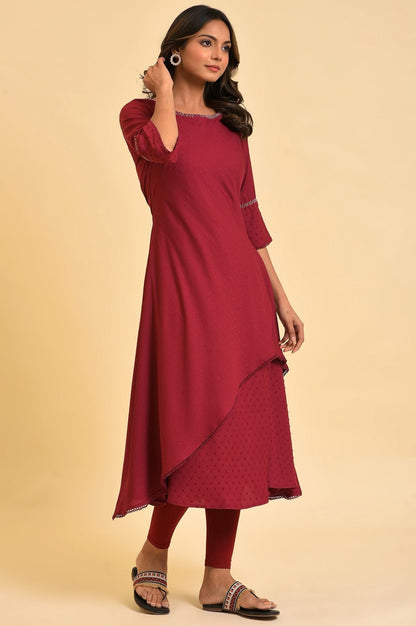W for Woman Maroon Mock Layered kurta In Moss Buti