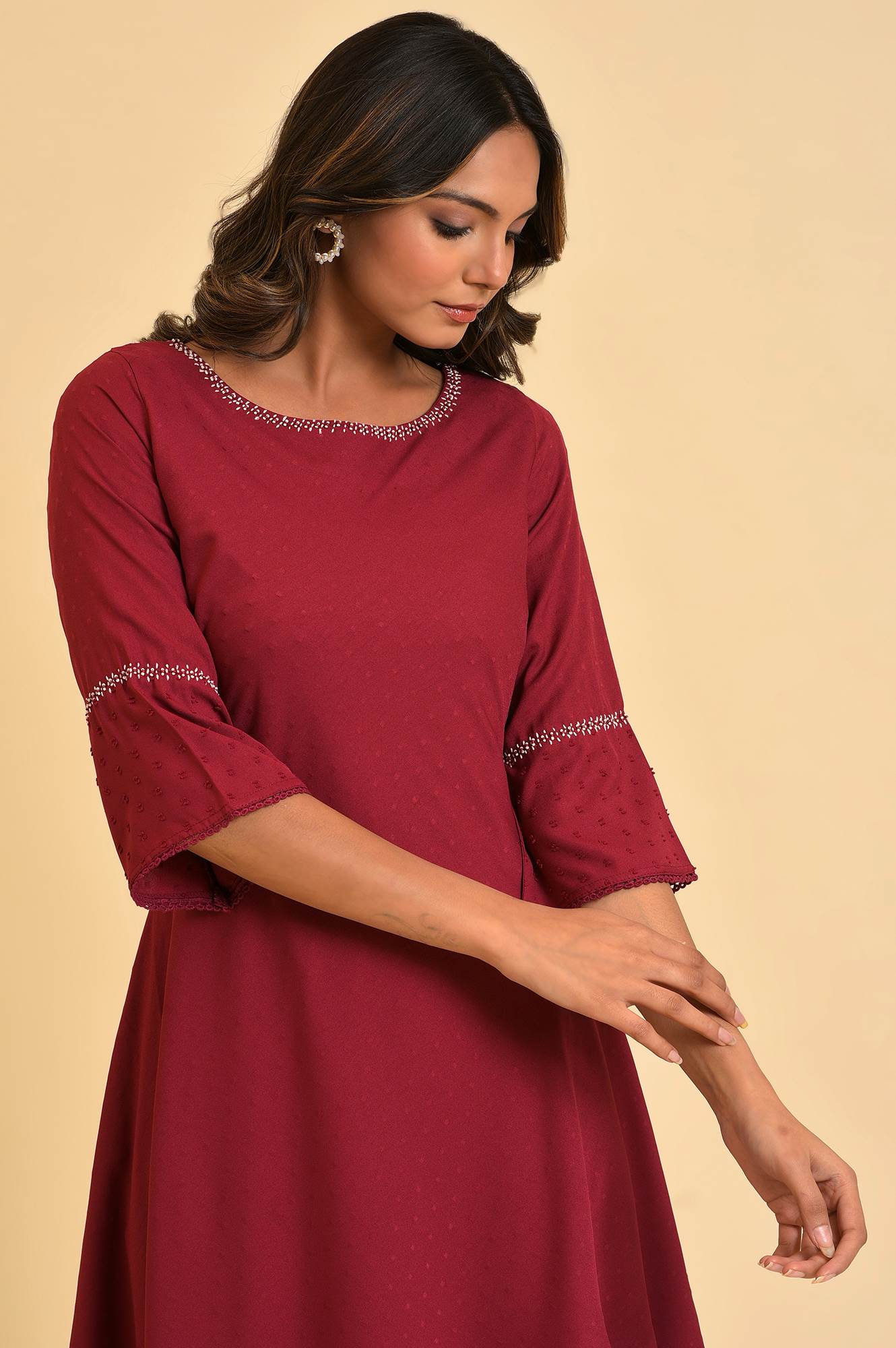 W for Woman Maroon Mock Layered kurta In Moss Buti