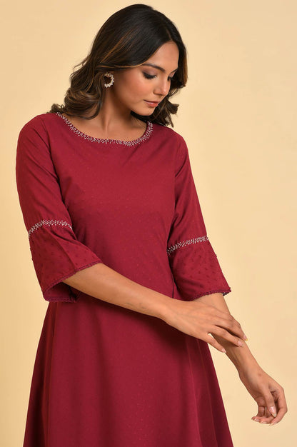 W for Woman Maroon Mock Layered kurta In Moss Buti