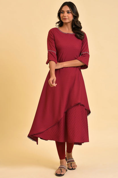 W for Woman Maroon Mock Layered kurta In Moss Buti