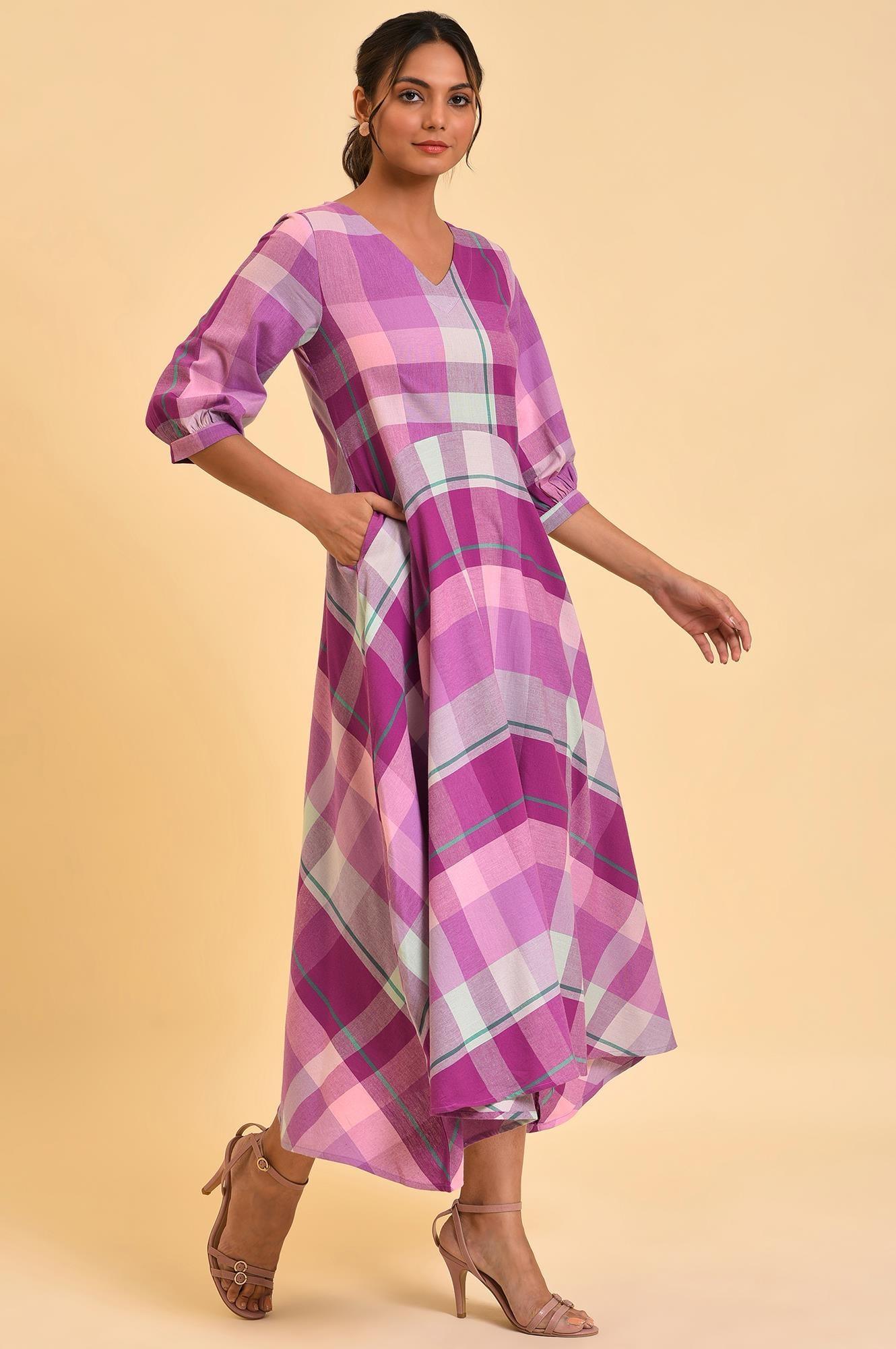 W for Woman Purple Playful Free Flowing Checker Dress