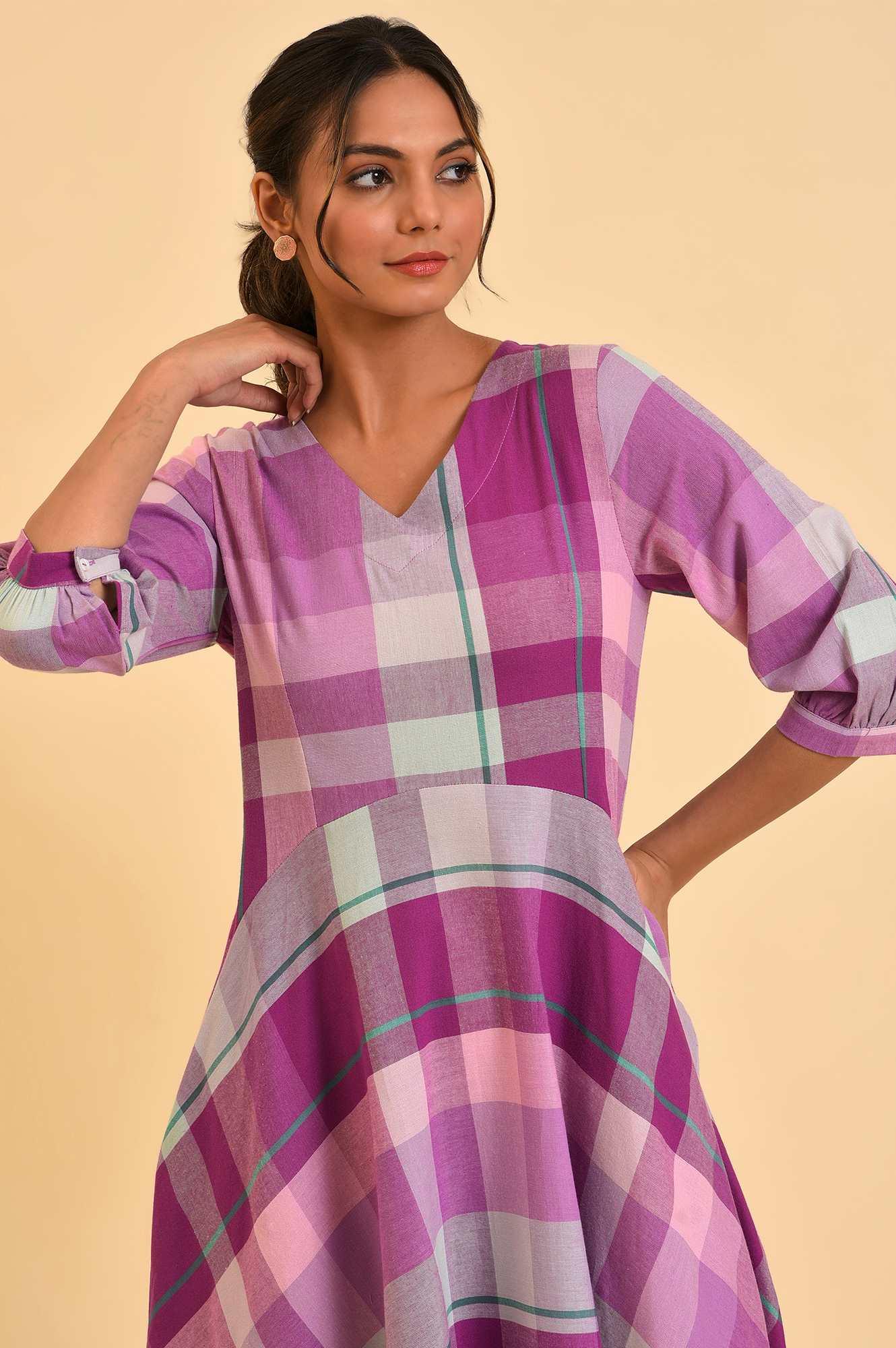W for Woman Purple Playful Free Flowing Checker Dress
