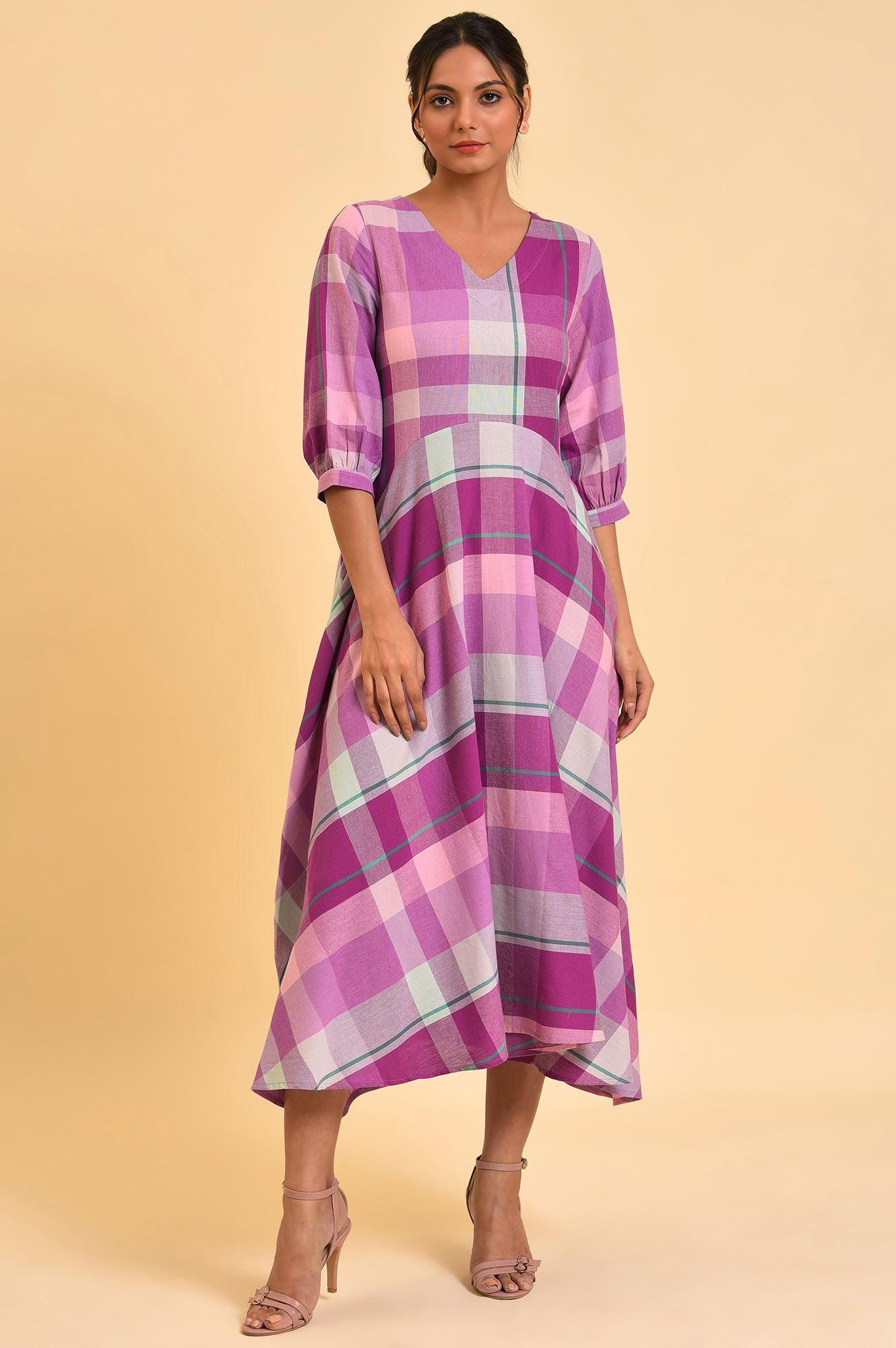 W for Woman Purple Playful Free Flowing Checker Dress
