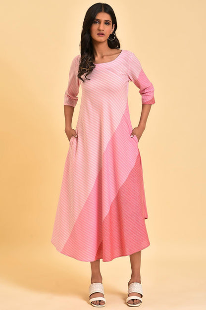 W for Woman Pink Colourful Bias Stripe FLared Dress