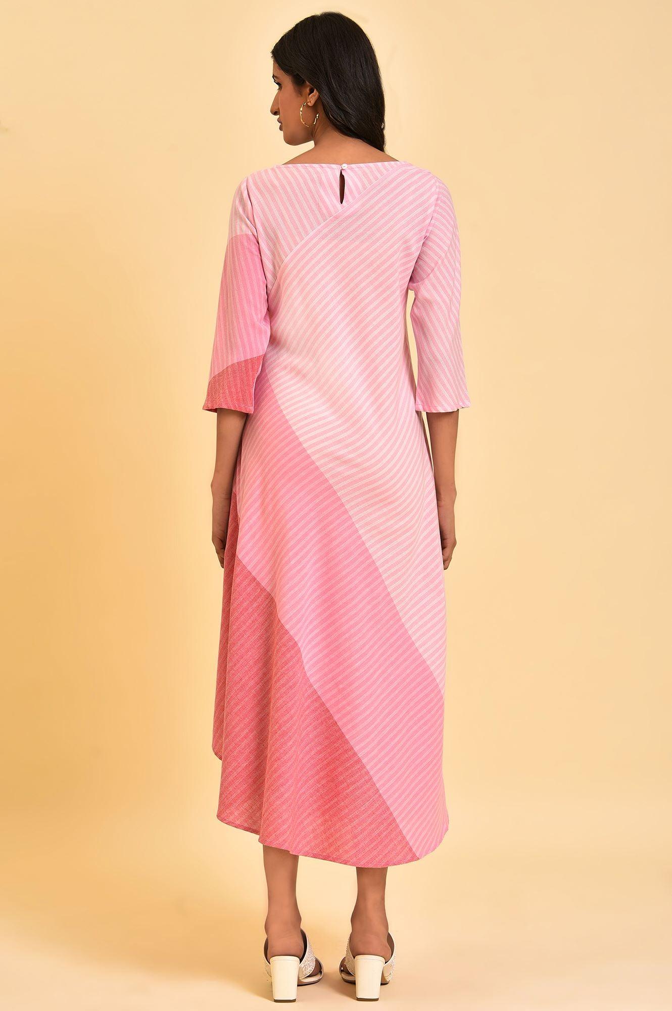 W for Woman Pink Colourful Bias Stripe FLared Dress