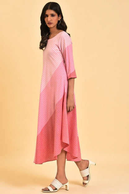 W for Woman Pink Colourful Bias Stripe FLared Dress