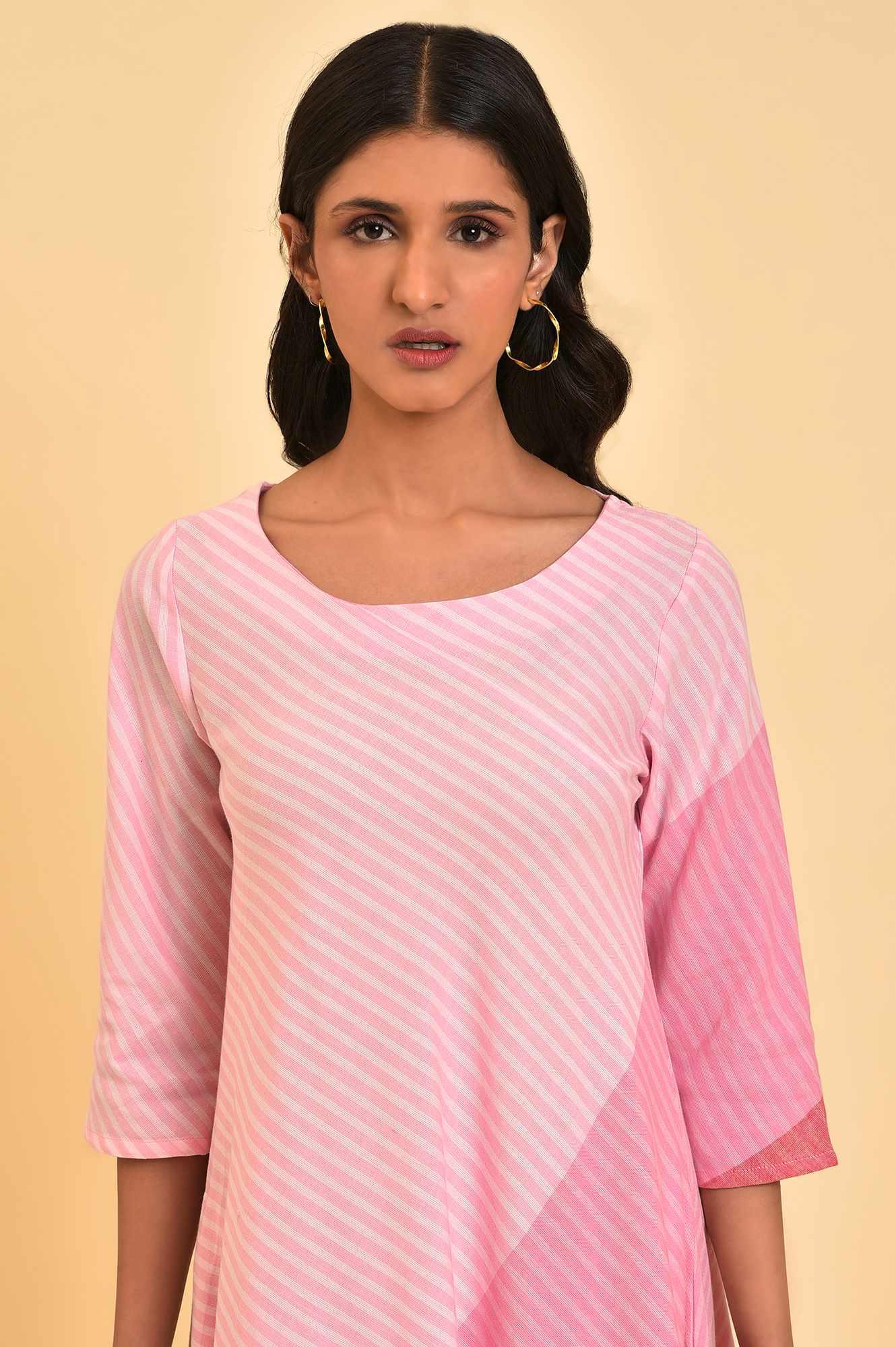 W for Woman Pink Colourful Bias Stripe FLared Dress
