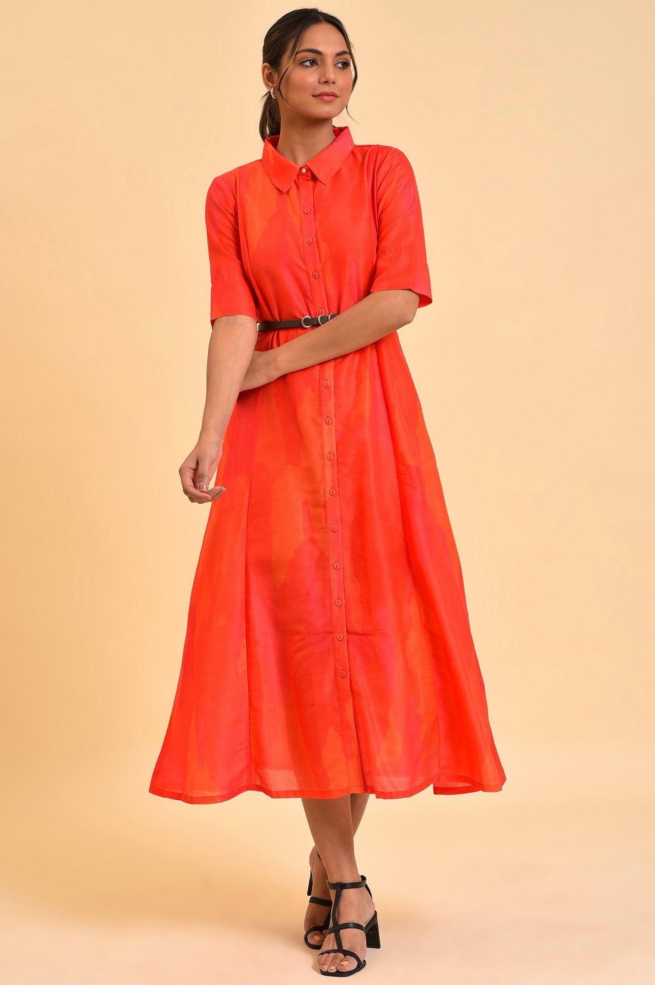 W for Woman Red Abstract Printed Long Shirt Dress