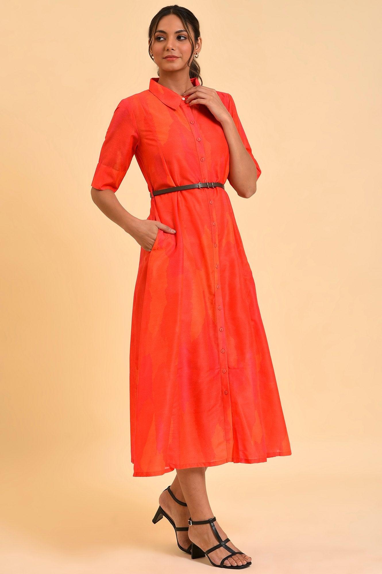 W for Woman Red Abstract Printed Long Shirt Dress