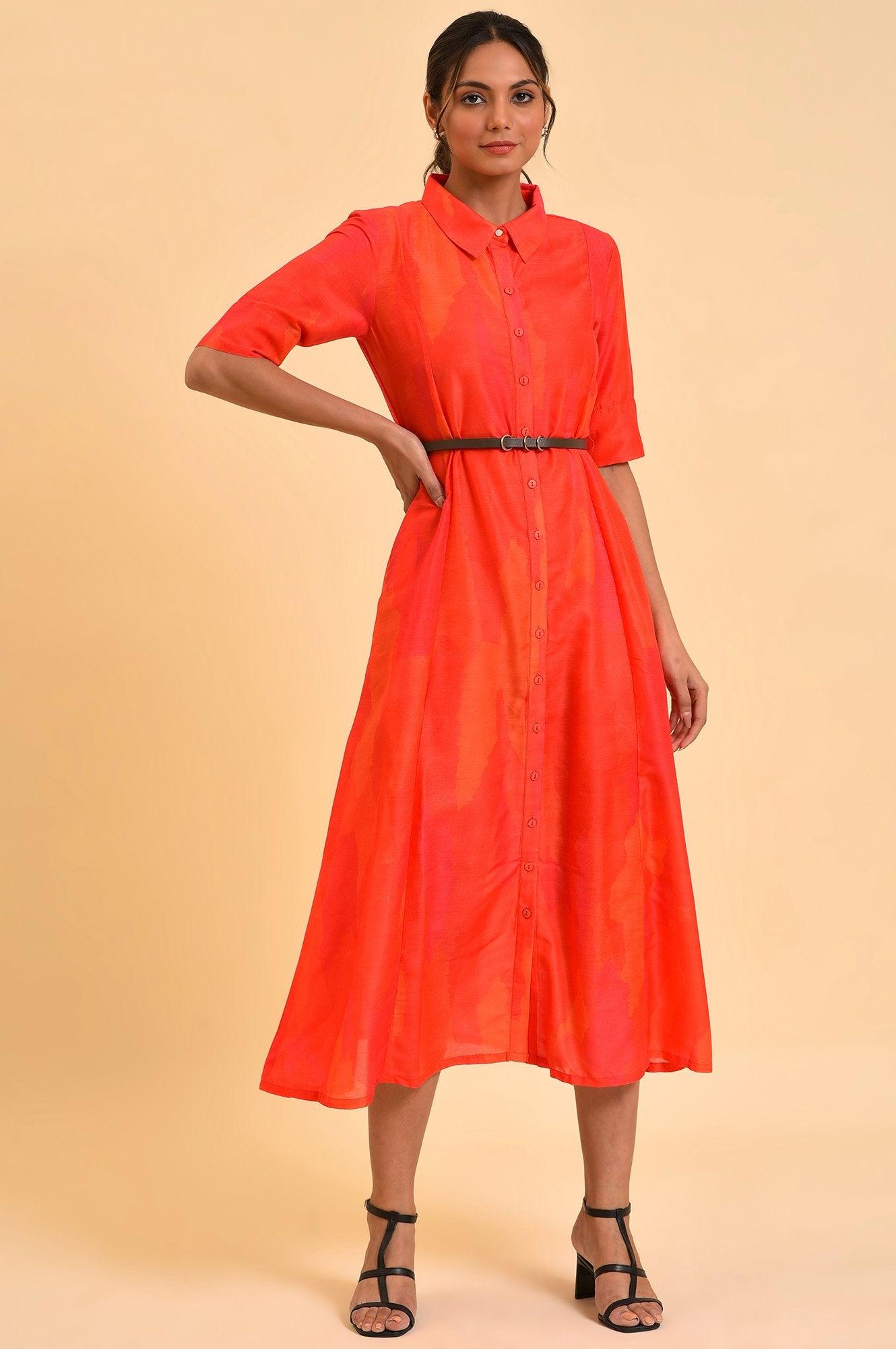 W for Woman Red Abstract Printed Long Shirt Dress