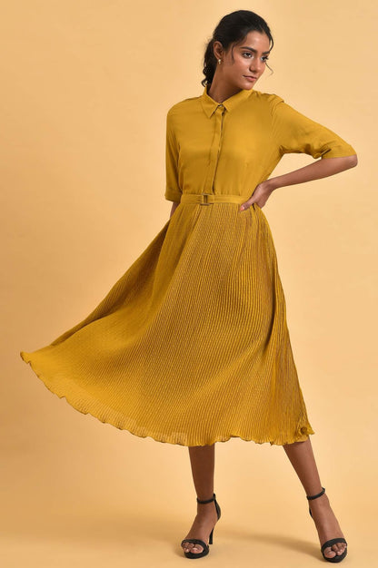 W for Woman Mustard Yellow Pleated Rayon Flared Dress with Belt