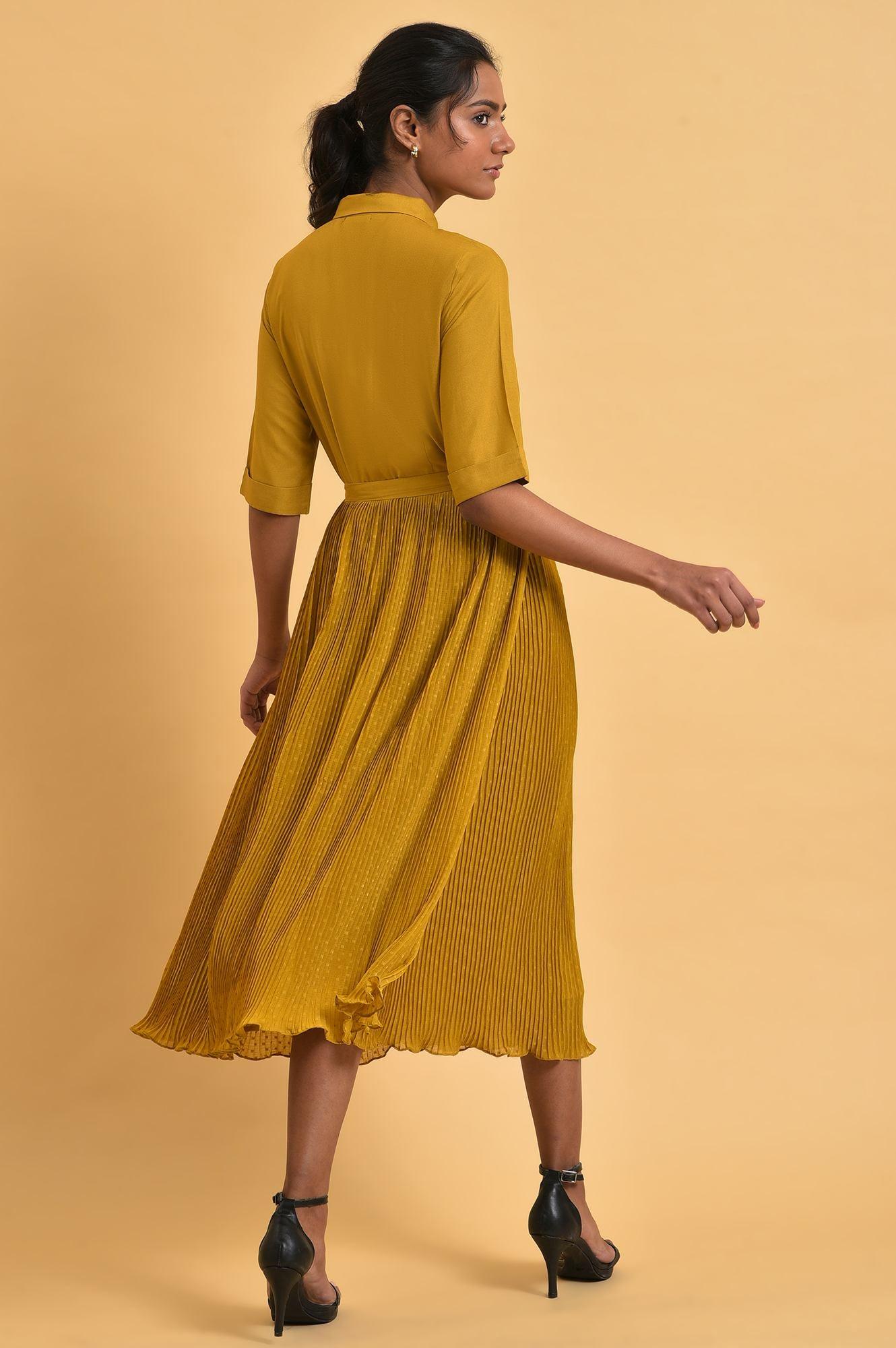W for Woman Mustard Yellow Pleated Rayon Flared Dress with Belt