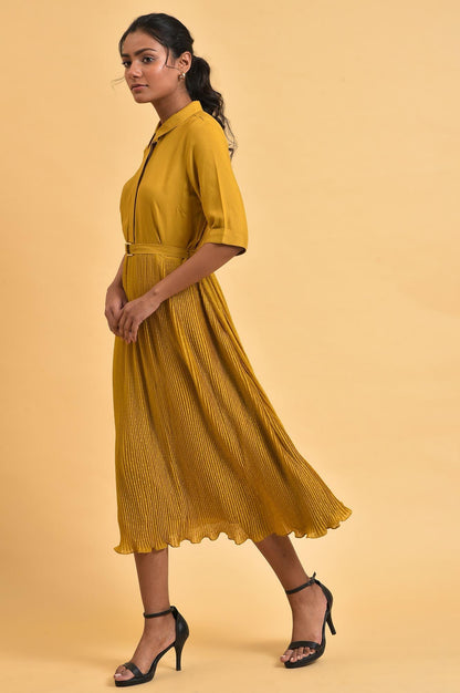 W for Woman Mustard Yellow Pleated Rayon Flared Dress with Belt