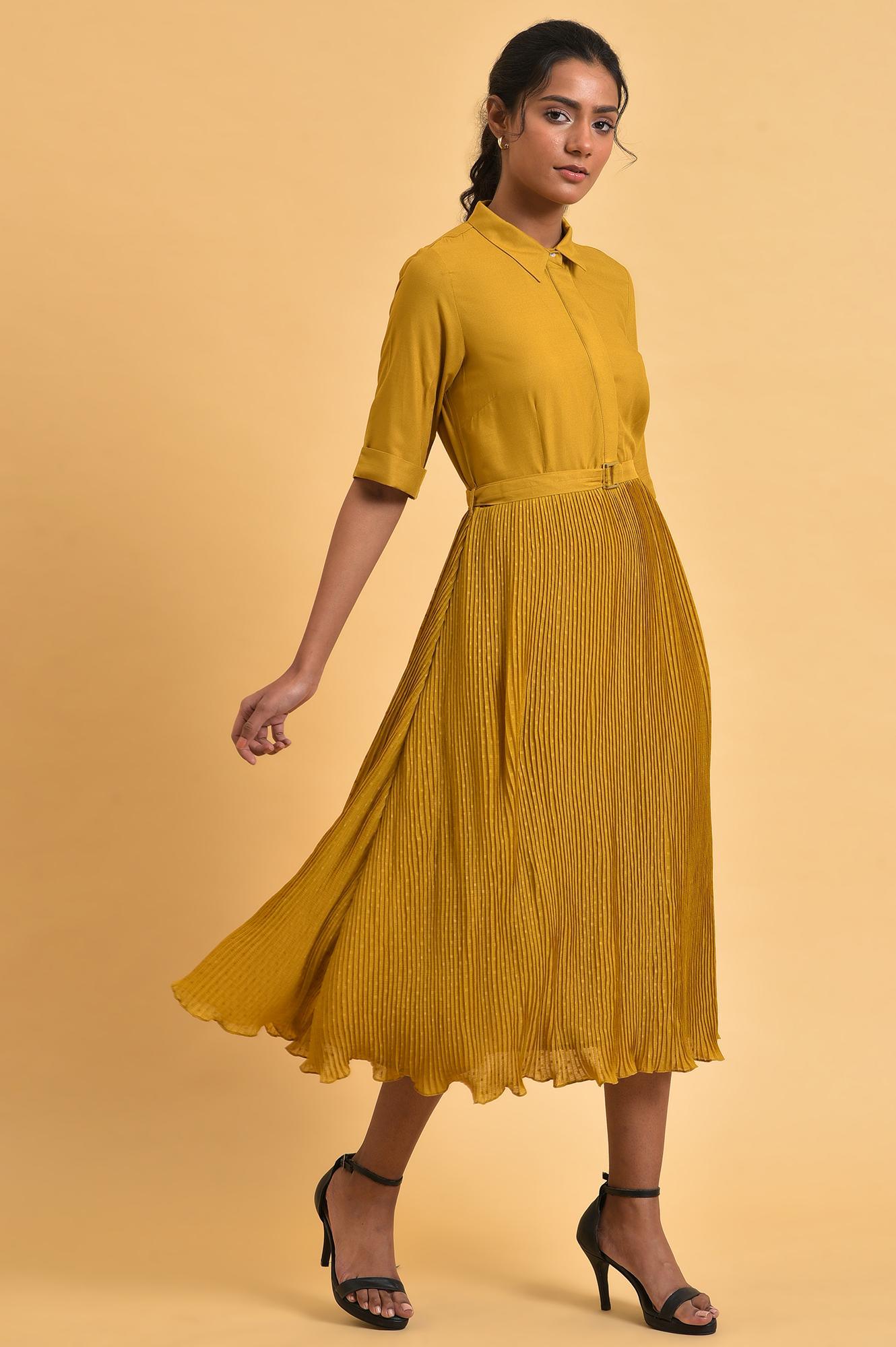 W for Woman Mustard Yellow Pleated Rayon Flared Dress with Belt