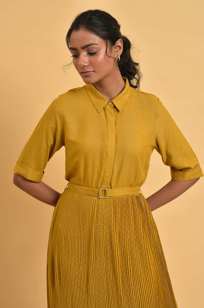W for Woman Mustard Yellow Pleated Rayon Flared Dress with Belt