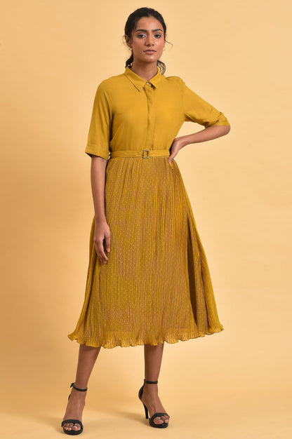 W for Woman Mustard Yellow Pleated Rayon Flared Dress with Belt