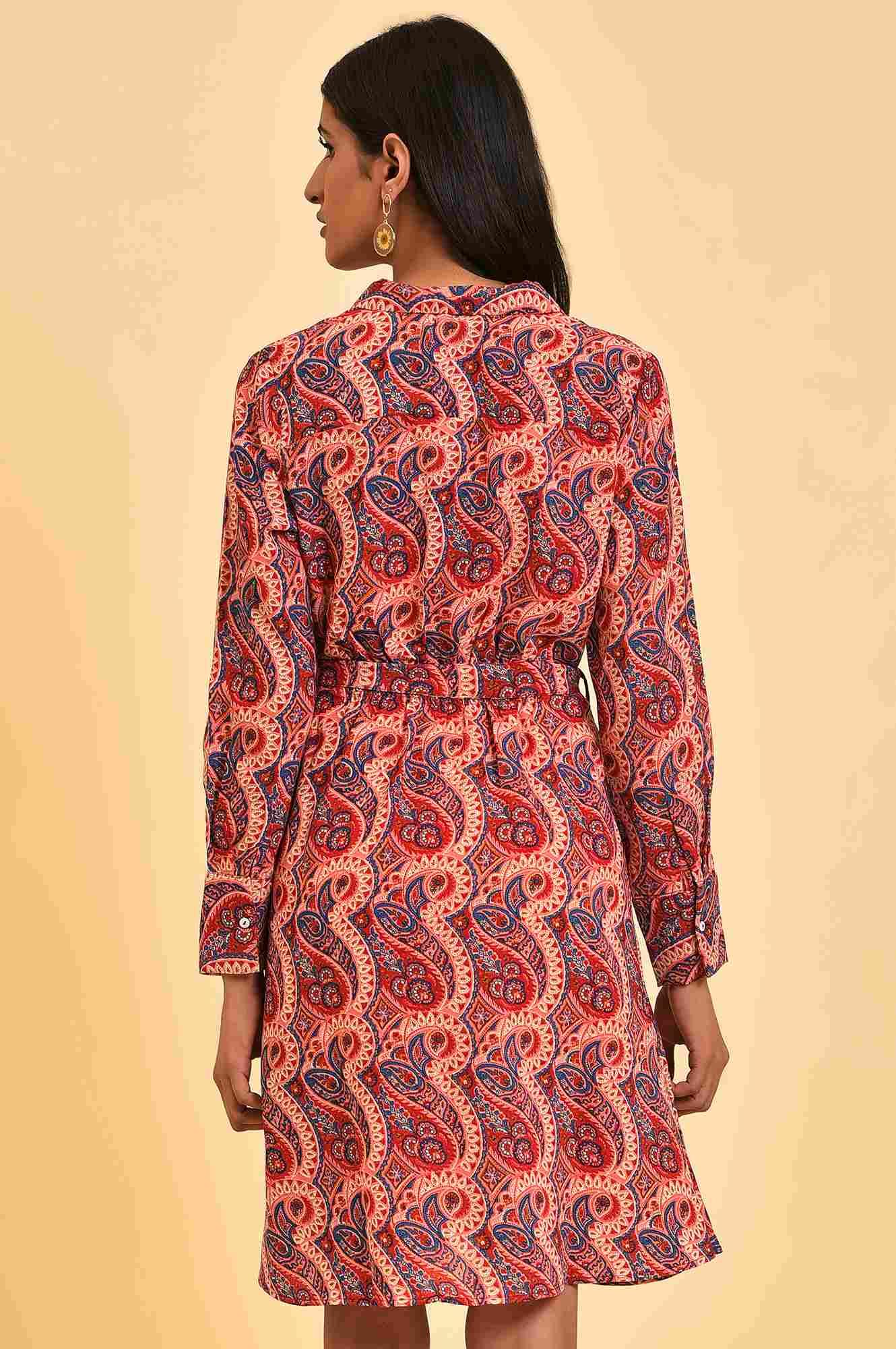 W for Woman Red Paisley Printed Short Western Dress