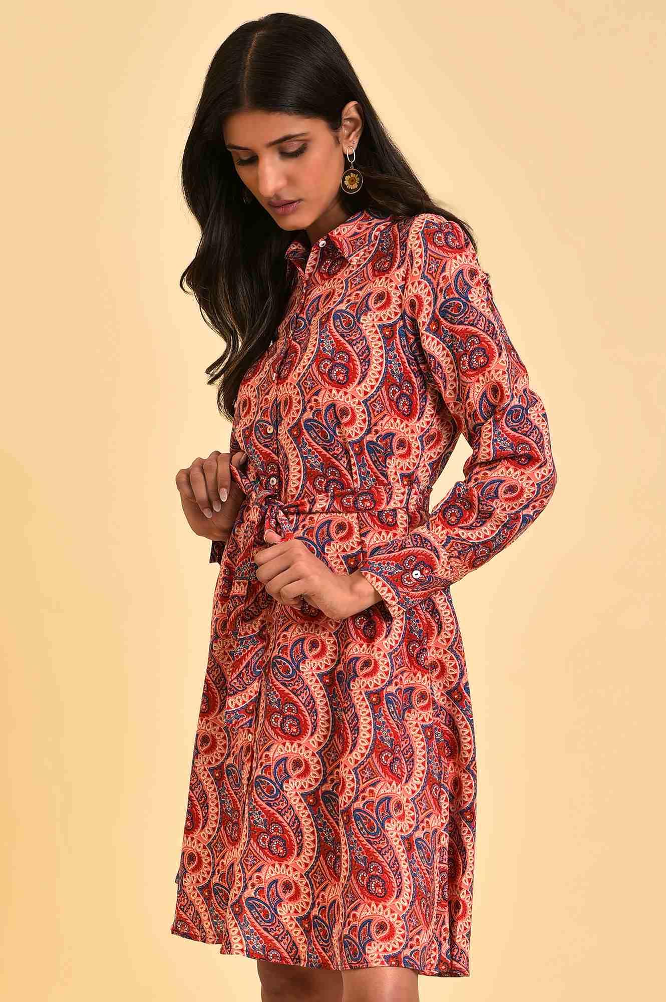 W for Woman Red Paisley Printed Short Western Dress
