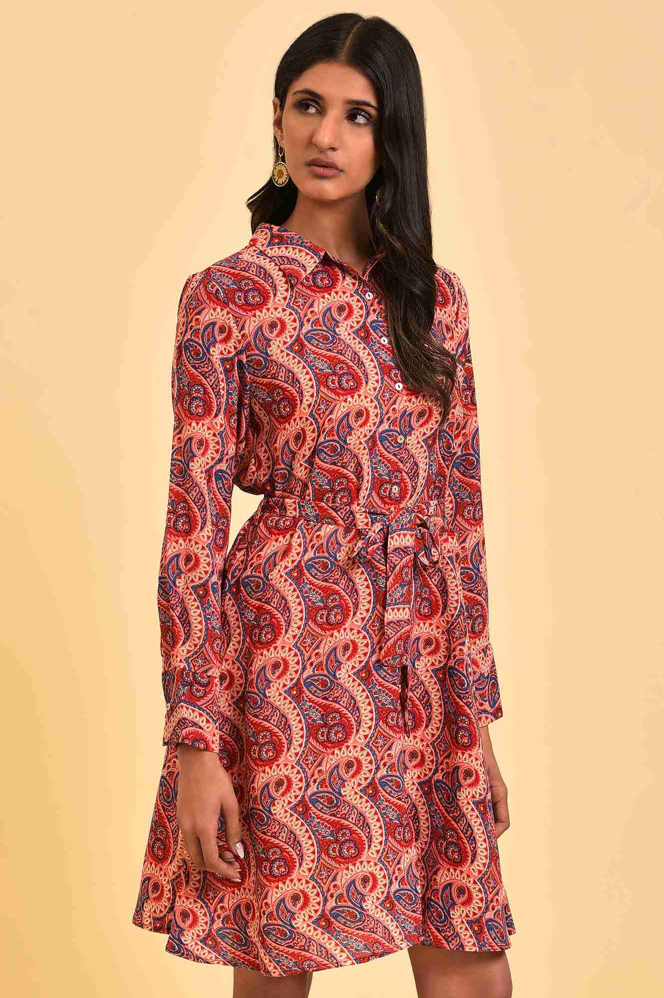 W for Woman Red Paisley Printed Short Western Dress
