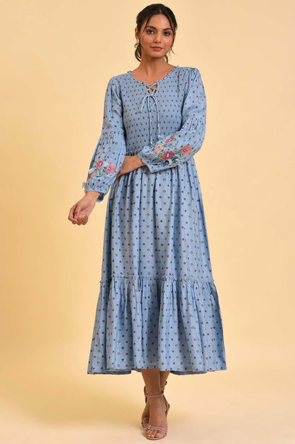 W for Woman Light Blue Printed Tiered Long Dress