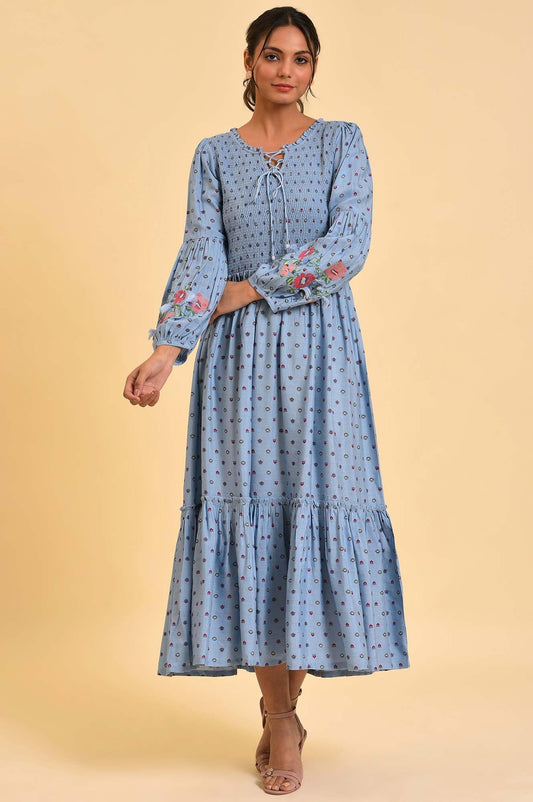 W for Woman Light Blue Printed Tiered Long Dress