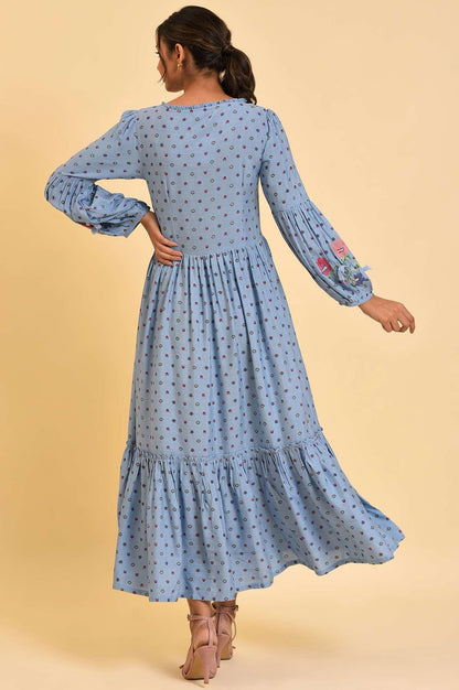 W for Woman Light Blue Printed Tiered Long Dress
