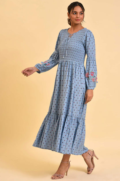 W for Woman Light Blue Printed Tiered Long Dress