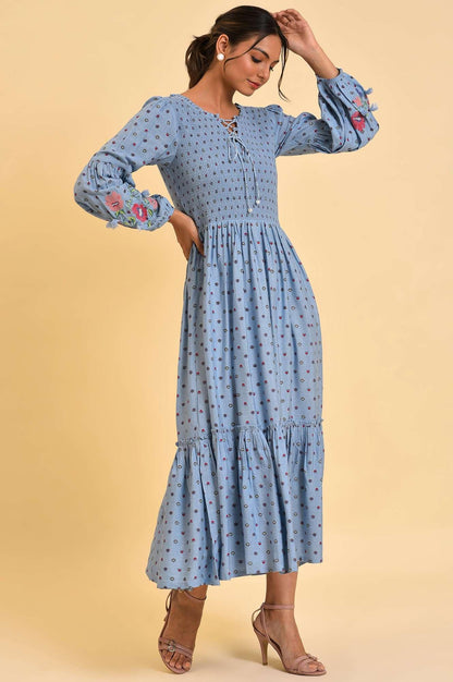 W for Woman Light Blue Printed Tiered Long Dress