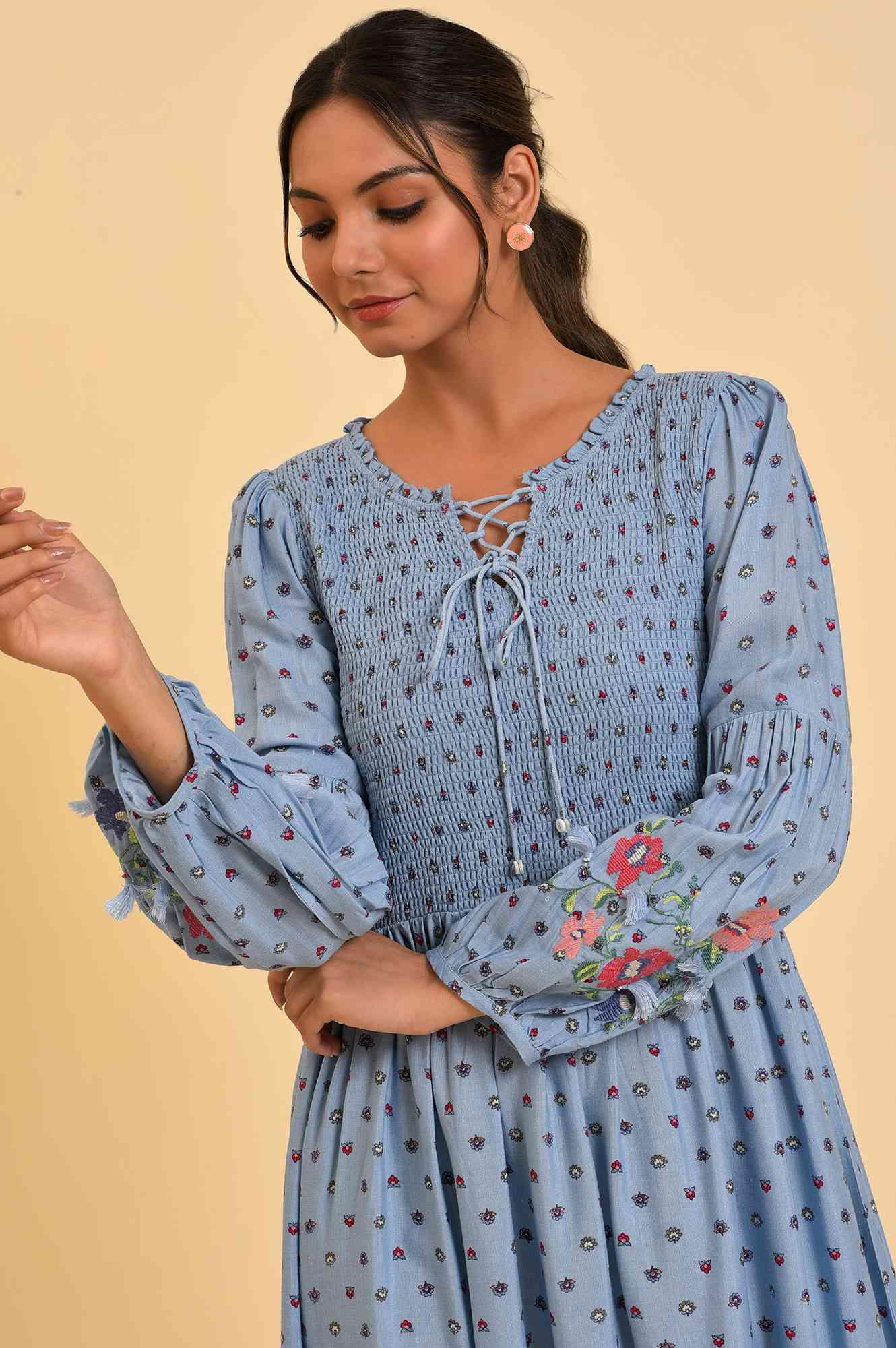 W for Woman Light Blue Printed Tiered Long Dress