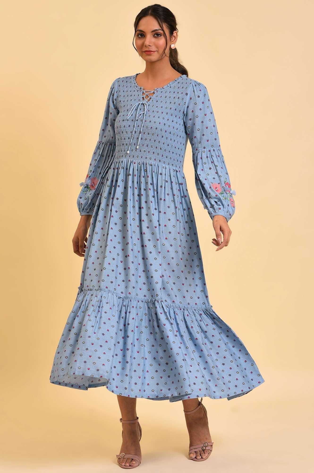 W for Woman Light Blue Printed Tiered Long Dress