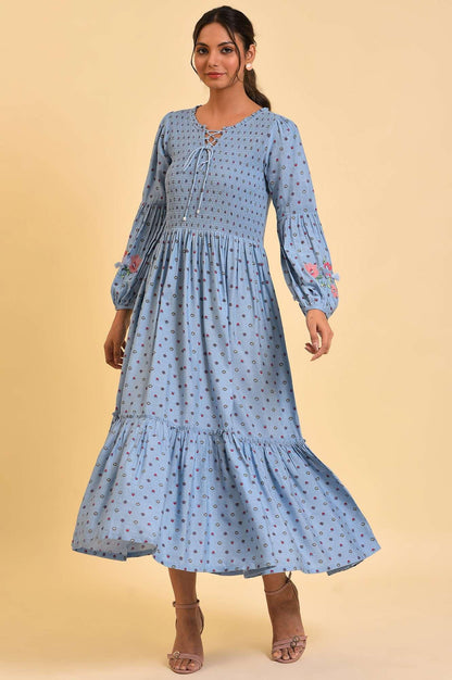 W for Woman Light Blue Printed Tiered Long Dress