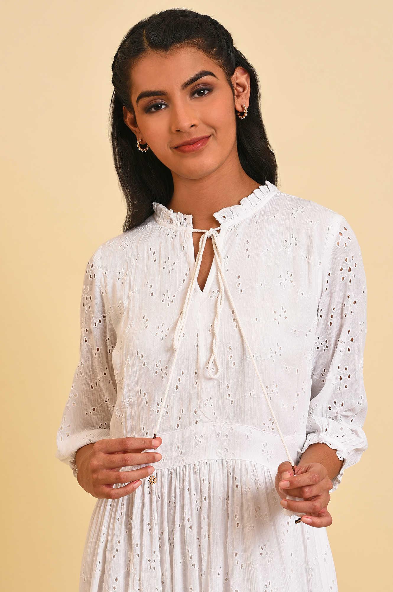 W for Woman White Schiffli Summer Dress