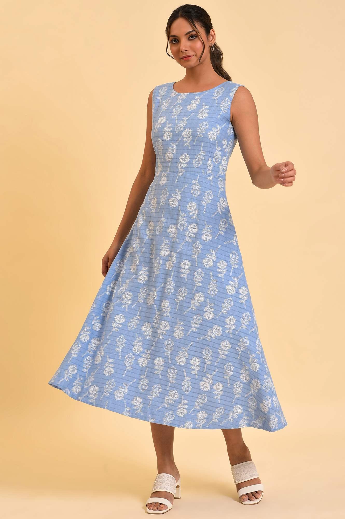 W for Woman Light Blue Printed Cotton Vacation Dress